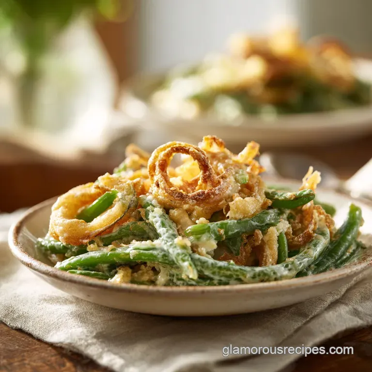A generous scoop of creamy green bean casserole on a rustic plate, garnished with fresh parsley.
