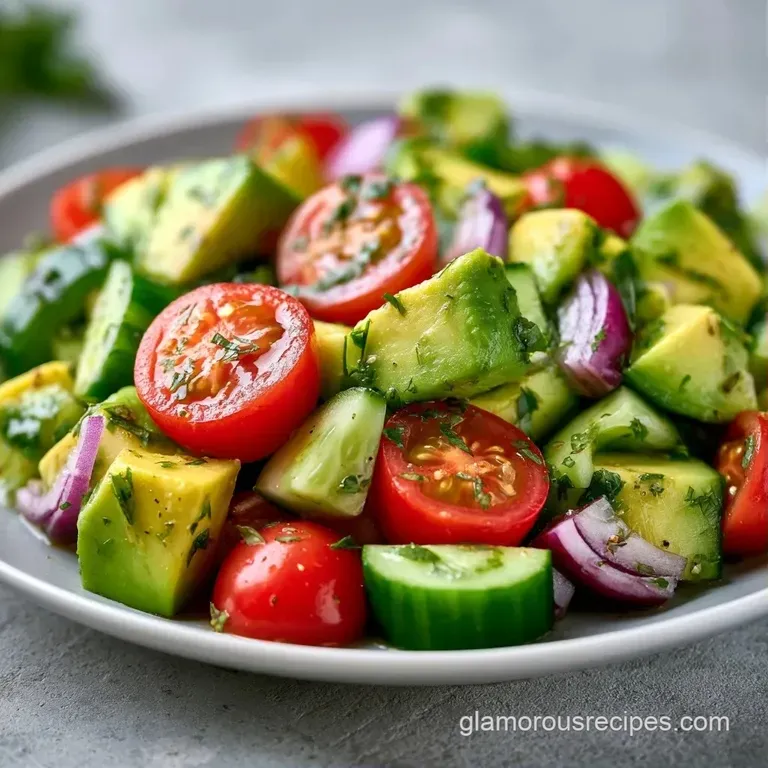 Vibrant cubes of avocado and ruby red tomatoes arranged on a white plate, drizzled with a clear lime vinaigrette.