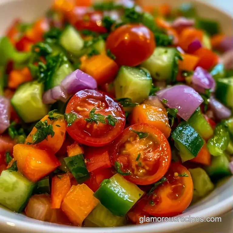Colorful mix of chopped garden vegetables arranged neatly on a white plate with a light, glistening oil dressing.