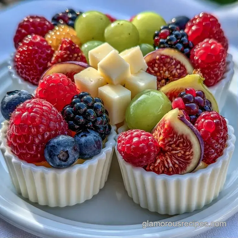 A row of clear cups overflowing with bright red strawberries, green grapes, and yellow melon on a white platter.