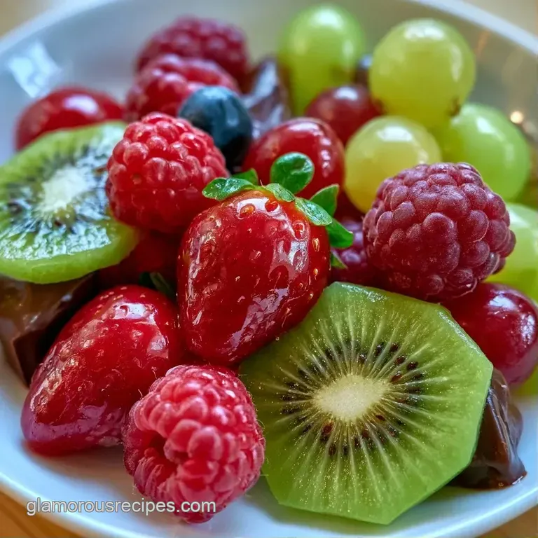 Elegant arrangement of bright red strawberries and deep blue berries nestled among velvety cocoa truffles.