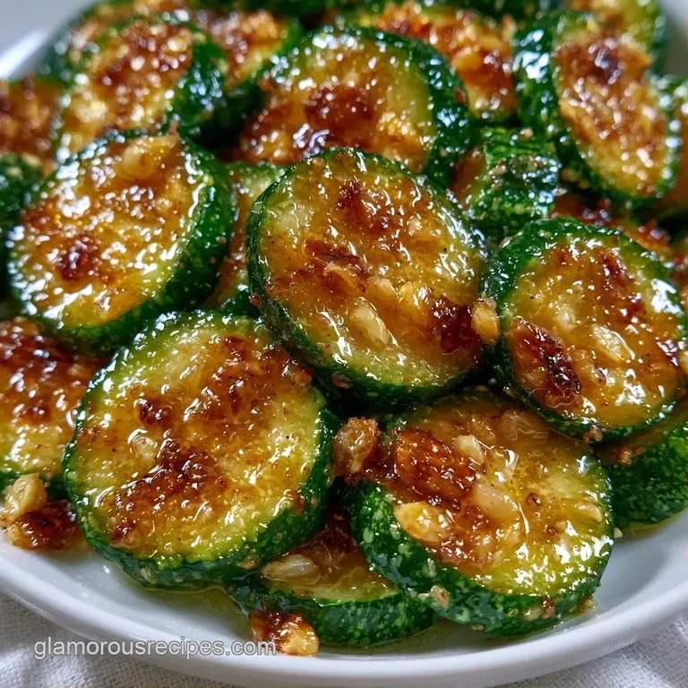 A neat stack of glistening green zucchini rounds topped with toasted garlic and herbs on a modern platter.