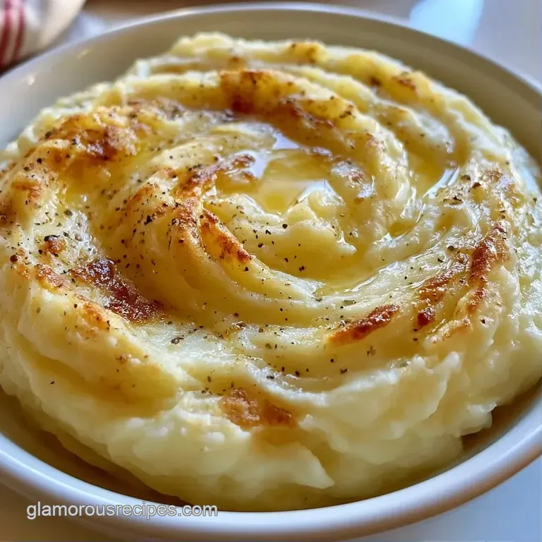 A smooth swirl of ivory potato puree on a slate plate, garnished with a pat of golden butter and chopped chives.
