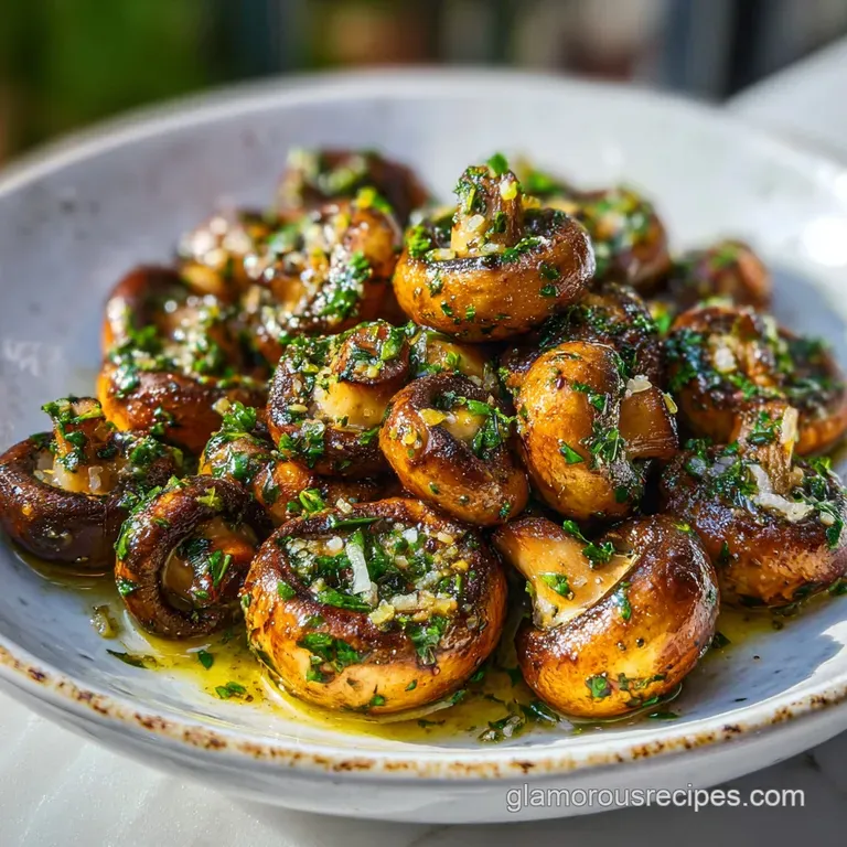 Close-up of creamy, garlic mushrooms served on toasted bread, garnished with fresh herbs. Steam rises, hinting at warmth a...