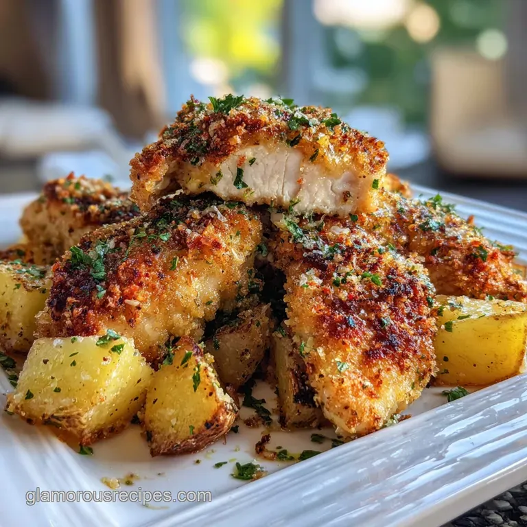 Crispy baked chicken and potatoes plated: Flaky crust, golden edges, with steam rising. Garnish of parsley adds a fresh, v...