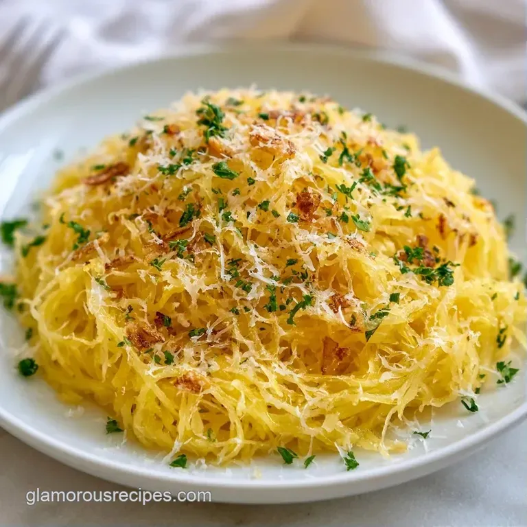 Slices of roasted yellow squash topped with melted parmesan and fresh parsley on a minimalist white ceramic plate.
