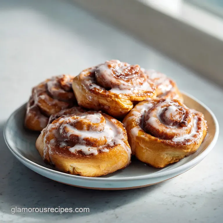 Warm cinnamon roll on a white plate, frosting melting; swirly dough layers visible, sprinkled with cinnamon sugar, steam r...