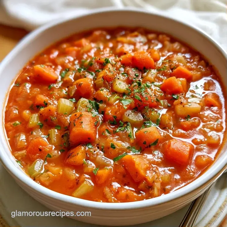 Rustic white bowl of chunky vegetable soup topped with a swirl of olive oil and fresh parsley on a linen cloth.