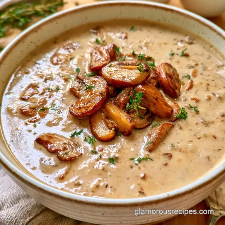 Earthy brown cream soup in a shallow white bowl, drizzled with white cream and garnished with fresh green herbs.