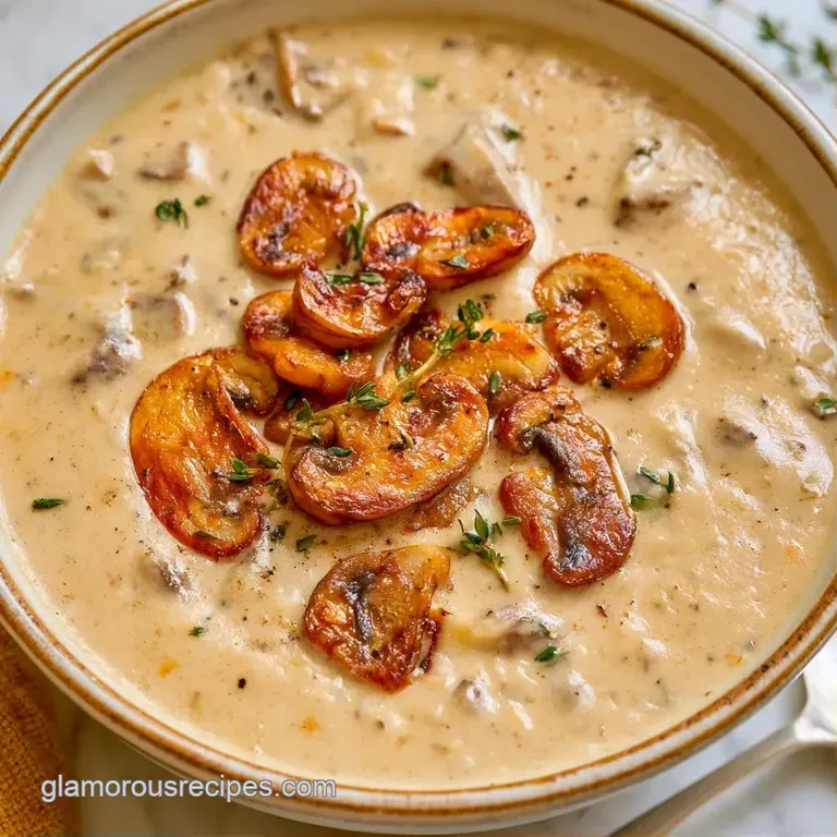 A steaming porcelain bowl of velvety beige soup garnished with brown mushroom caps and a swirl of heavy cream.