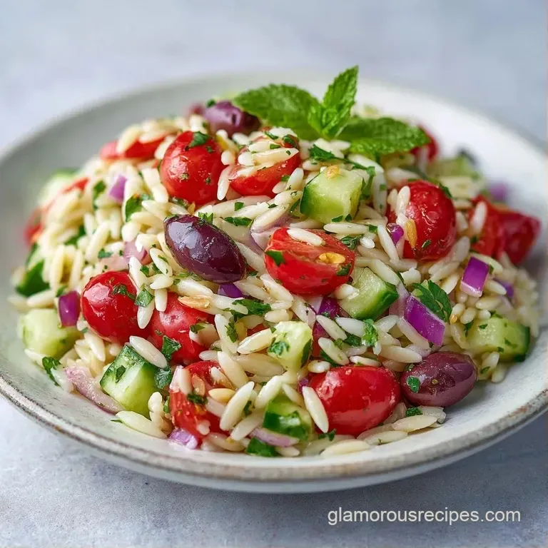 Colorful pasta salad in a white ceramic bowl topped with fresh parsley and a sprinkle of creamy white feta.