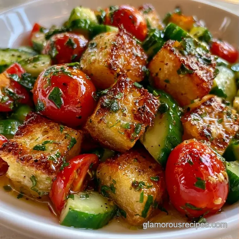 Colorful medley of diced vegetables and golden bread cubes in a white ceramic bowl, drizzled with glossy vinaigrette.