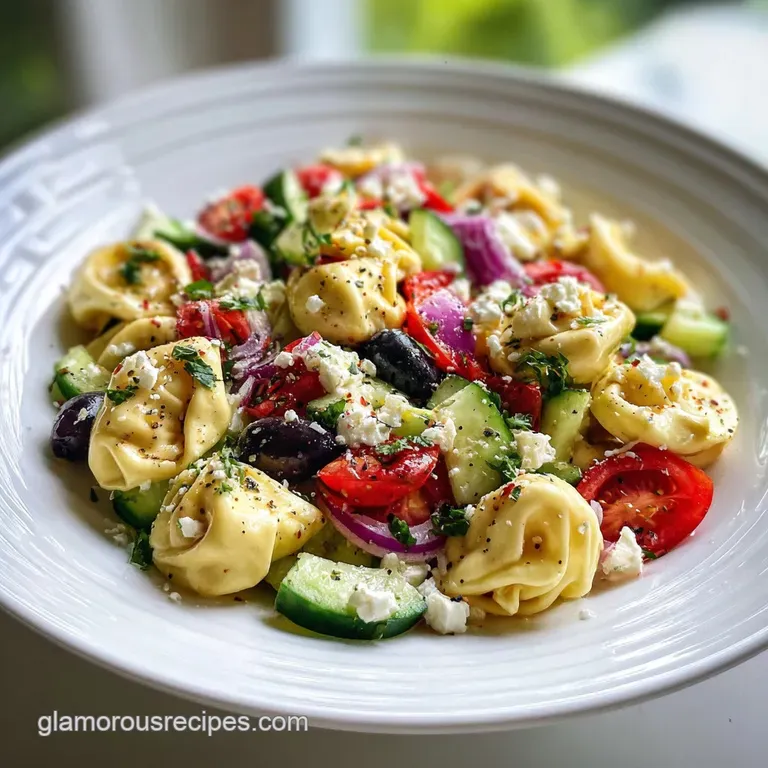 Elegant plate of chilled tortellini salad, a cool, creamy cascade of pasta, chicken, and artichokes, drizzled with olive o...