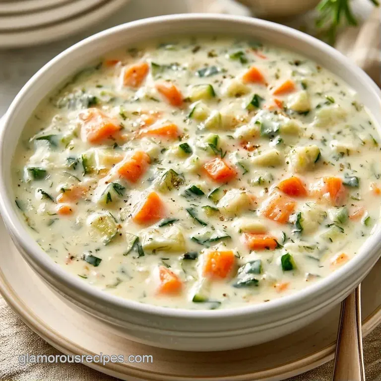 Silky pale cream soup in a modern white bowl garnished with a bright lemon wheel and a sprig of fresh dill.