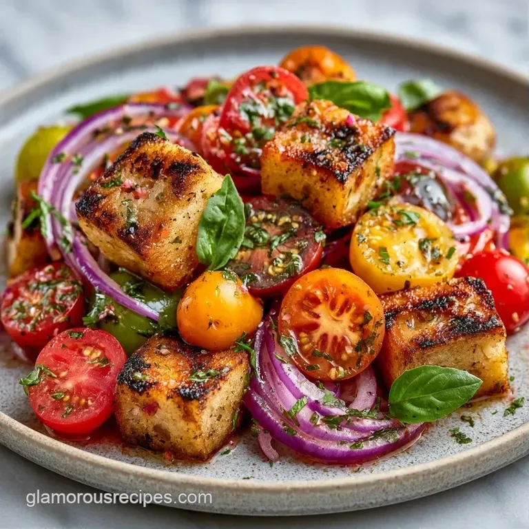 Colorful medley of charred bread and ripe tomatoes arranged on a white plate, drizzled with glossy olive oil.