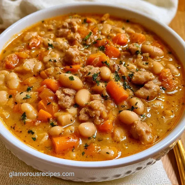 A rustic ceramic bowl of chunky bean soup topped with fresh parsley next to a slice of toasted sourdough bread.