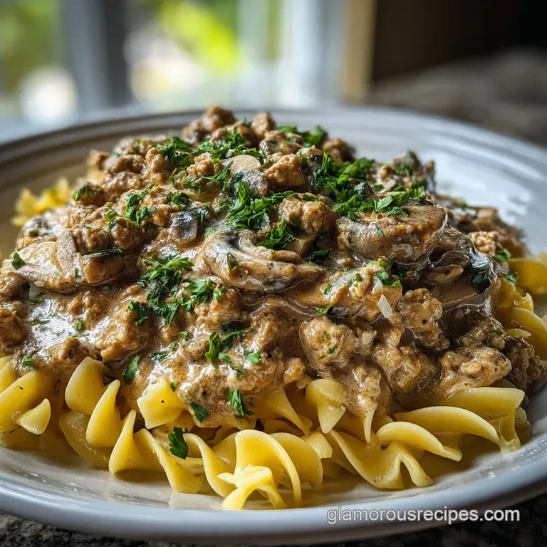 Glossy egg noodles coated in a rich, savory sauce with tender ground turkey. Fresh dill sprig adds a bright green pop.