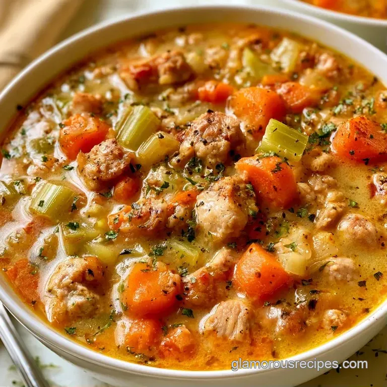 A steaming bowl of colorful vegetable and meat soup garnished with fresh parsley on a rustic wooden table.