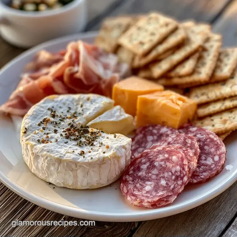 Symmetrical spread of creamy brie, sharp orange cheddar, and deep red salami accented with sprigs of fresh rosemary