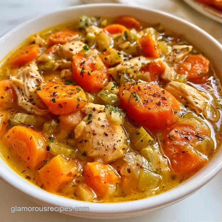 A white ceramic bowl filled with hearty chicken and root vegetables, garnished with a sprig of fresh green parsley.