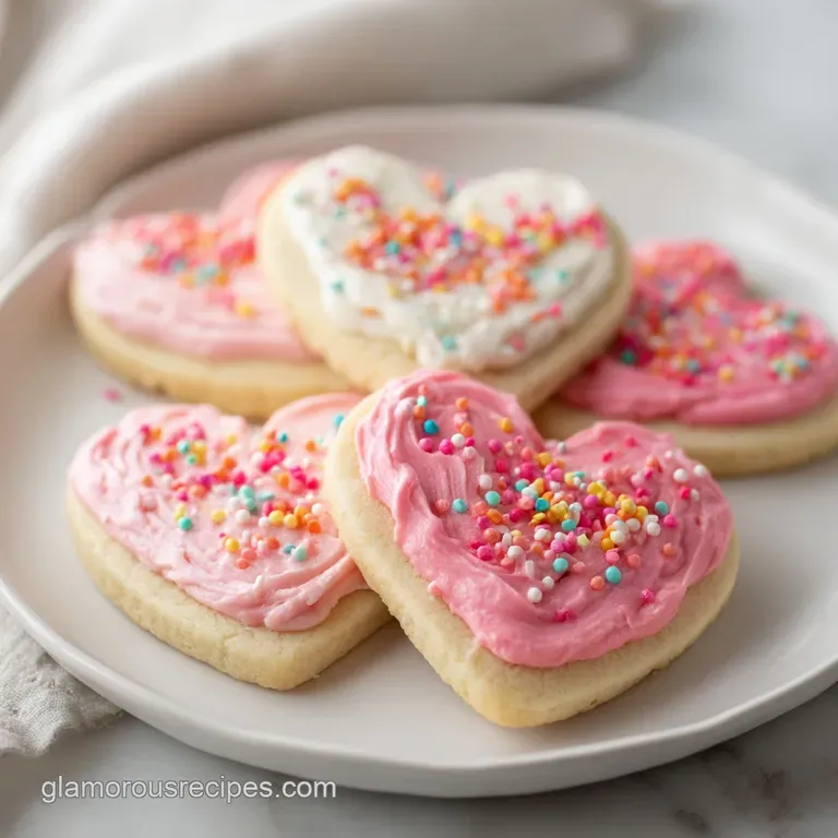 Two frosted pink heart cookies stacked on a white plate, dusted with powdered sugar. Romantic Valentine's Day dessert.