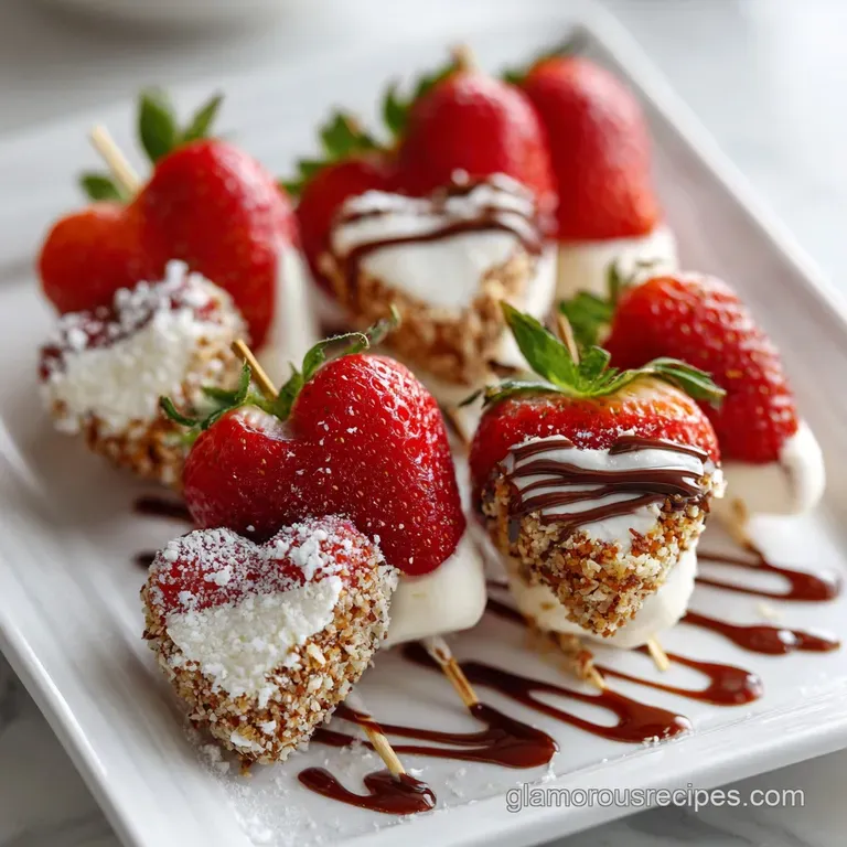 Elegant arrangement of strawberry heart skewers on a white platter; juicy red strawberries contrast beautifully with the w...
