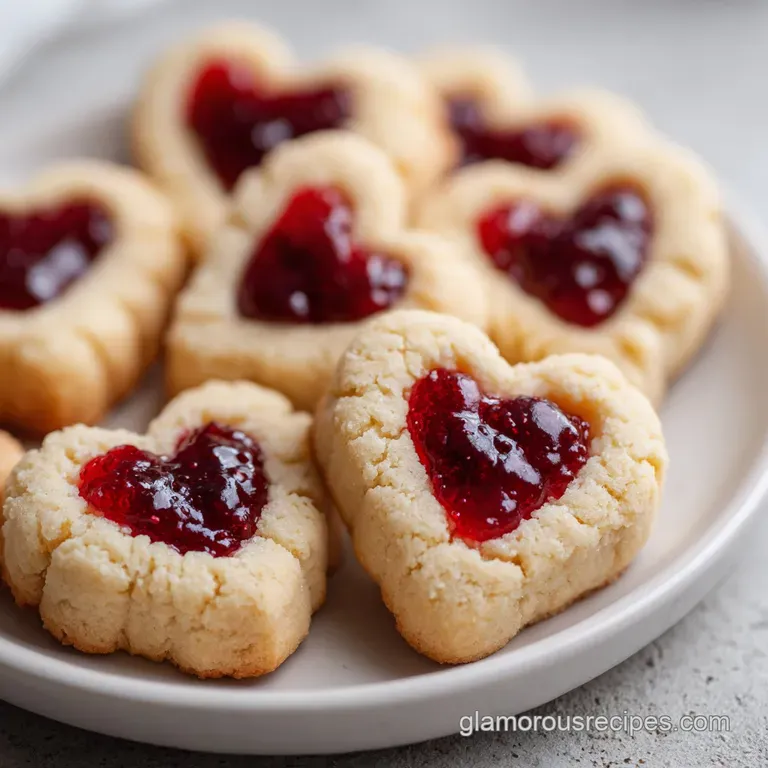Elegant arrangement of heart cookies, with a single cookie tilted forward, showcasing the vibrant jam and delicate, golden...