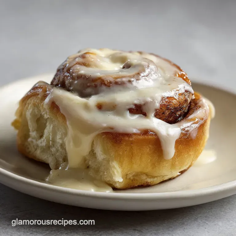 Golden-brown pastry swirl on a minimalist plate, topped with melting cream and a dusting of cinnamon powder.