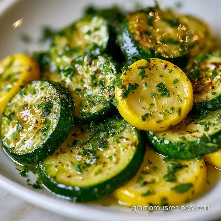 Bright green zucchini rounds neatly piled on a white ceramic plate, topped with fresh chopped herbs and lemon zest.