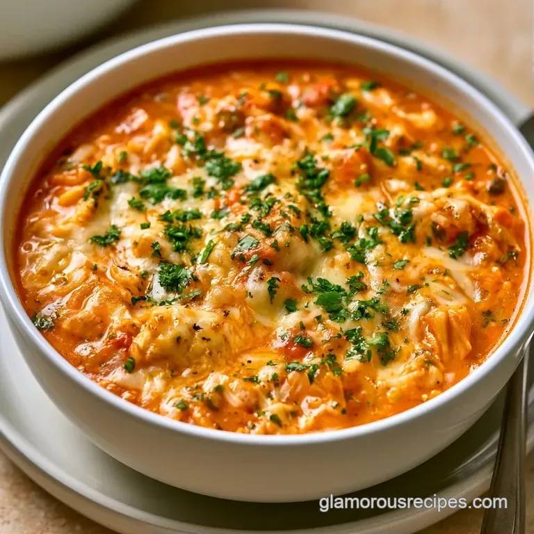 A white ceramic bowl of creamy red soup topped with a swirl of sour cream, shredded cheese, and bright green cilantro.