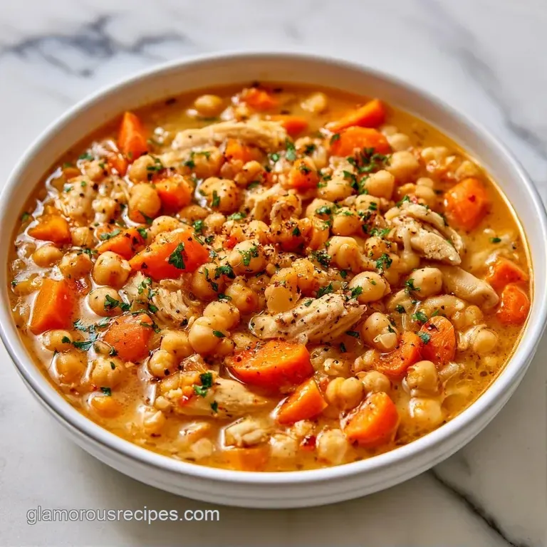 A white ceramic bowl of steaming golden broth filled with chunks of chicken, tender legumes, and a sprig of parsley.