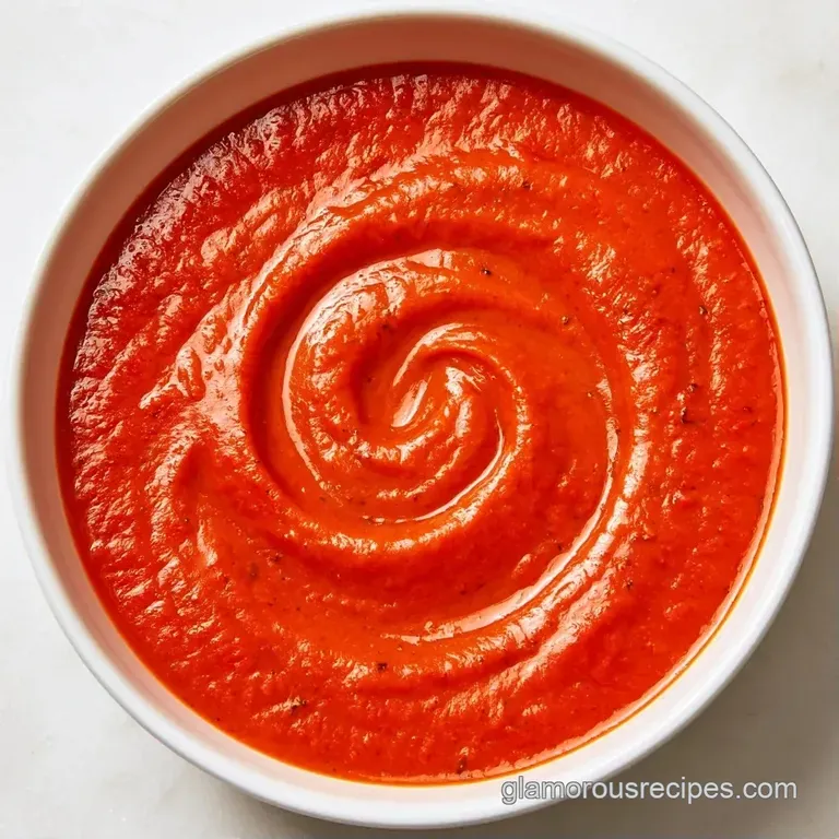 Vibrant red tomato soup served in a ceramic bowl alongside a golden, melted cheese toast on a rustic wooden surface.