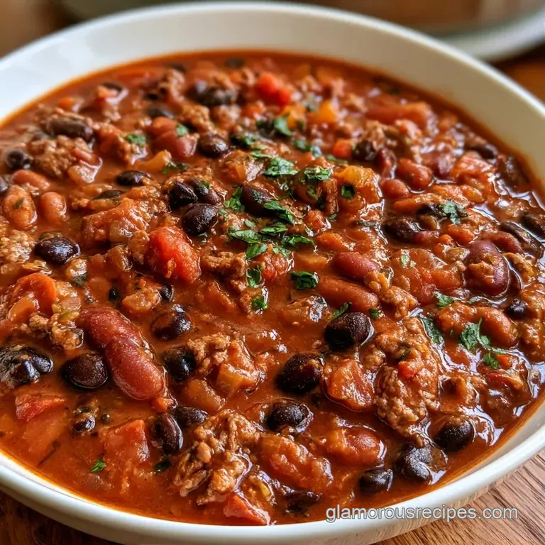 A white bowl of hearty stew topped with sliced avocado, a dollop of cream, and shredded cheddar on a rustic table.