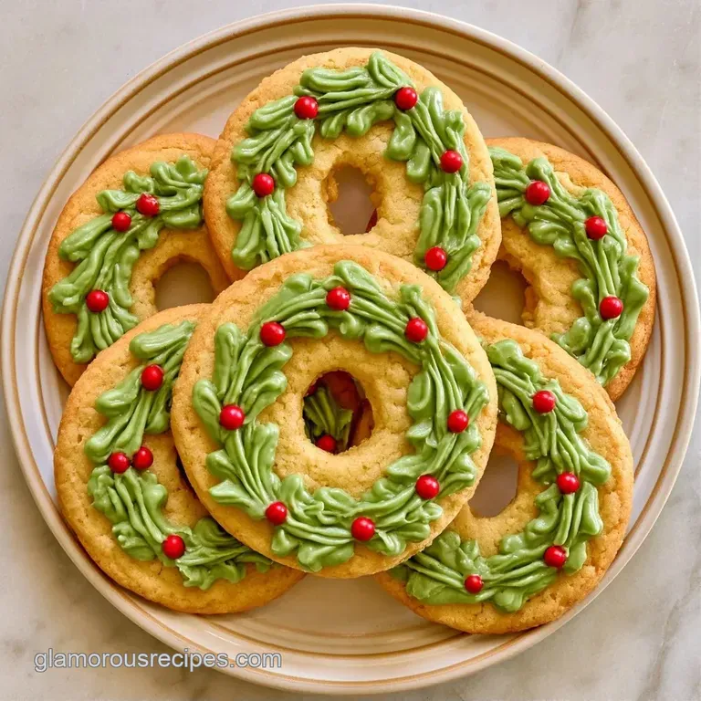 Ring-shaped buttery cookies arranged on a white porcelain platter with a dusting of powdered sugar and red berries.