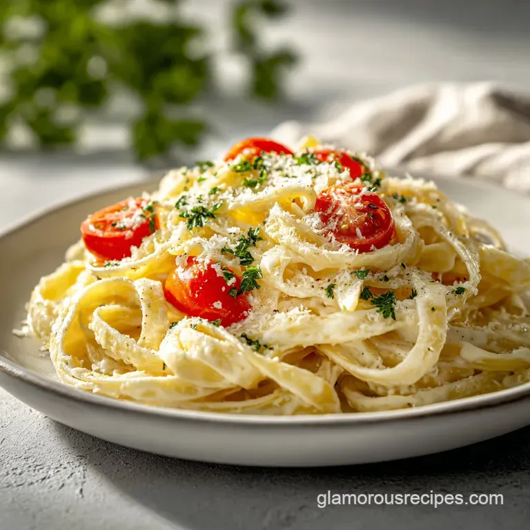 Creamy Alfredo pasta twirled on a white plate, topped with cracked black pepper and a sprig of parsley, showcasing its ric...