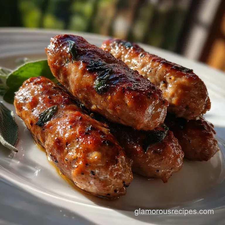 Two perfectly seared sausage medallions artfully arranged on a white plate, garnished with a vibrant parsley and chive med...