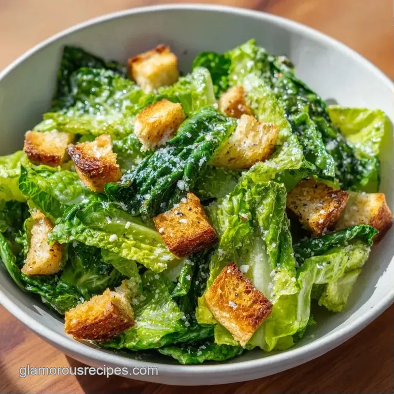Fresh greens piled high in a white ceramic bowl, topped with shaved parmesan and buttery garlic croutons.