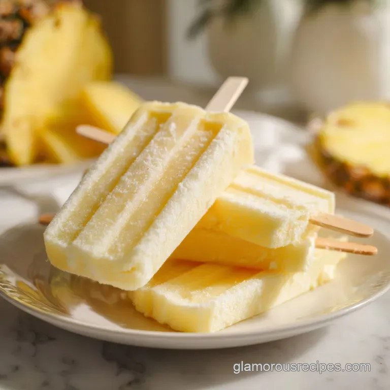 A trio of bright yellow Dole Whip popsicles, artistically arranged on a white plate with a scattering of toasted coconut f...