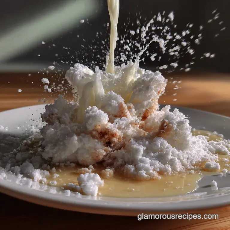 A single scoop of pristine white icing sugar, artfully arranged on a dark, textured plate. The surface gleams with subtle ...