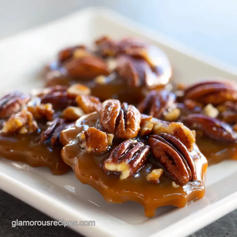 Glistening turtle candies arranged on a white plate, chocolate drizzle accent, inviting and decadent, perfect for sharing.