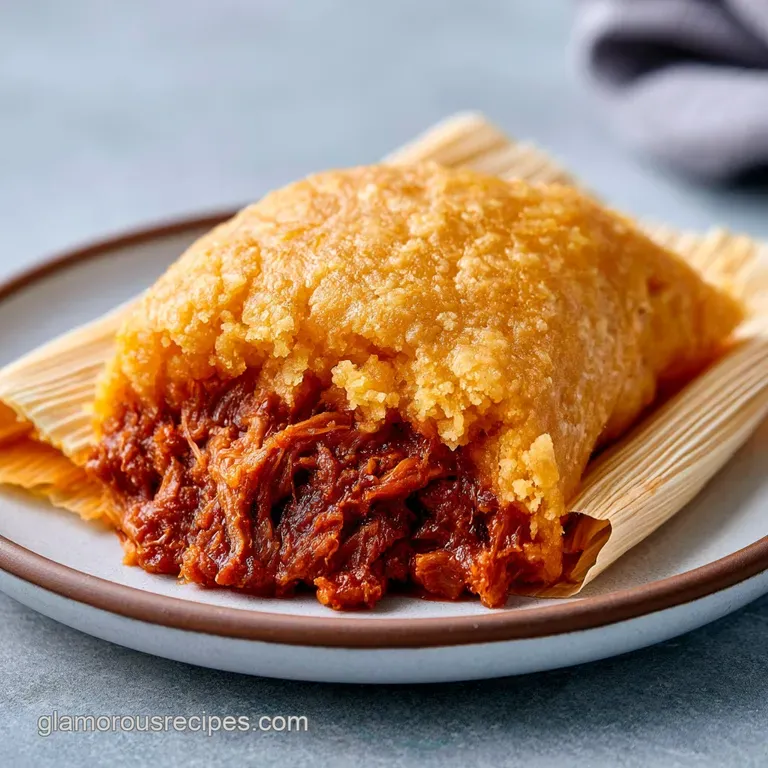 Elegant arrangement of open corn husks revealing creamy masa and savory meat with fresh cilantro and lime slices.