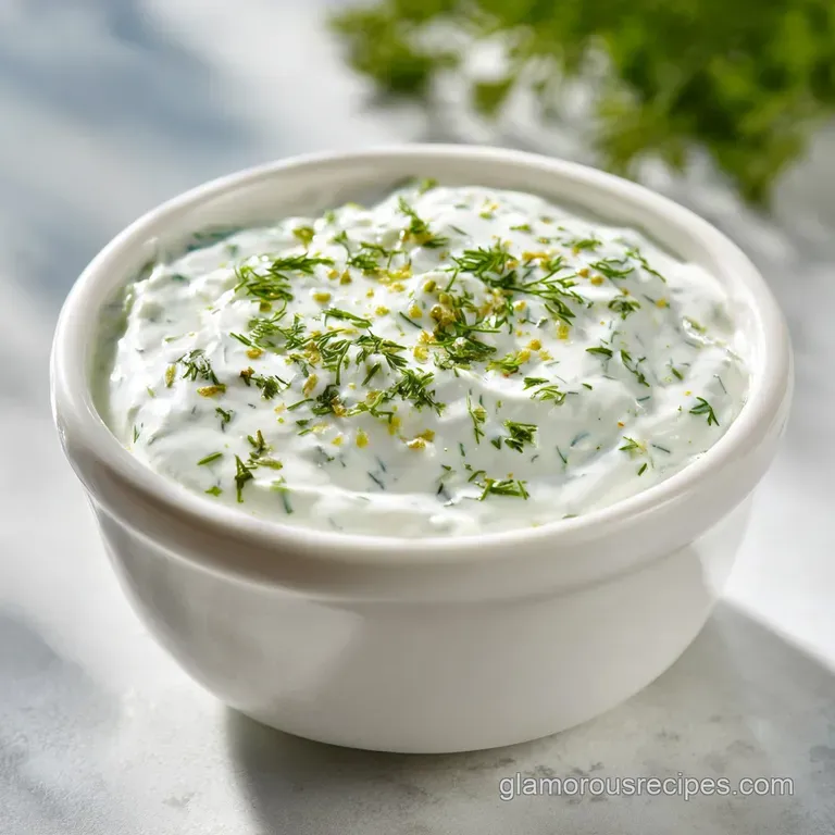 A pristine white bowl of cool tzatziki, glistening with oil, topped with vibrant dill sprigs.