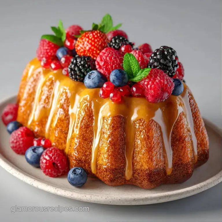 A moist slice of golden cake on a minimalist white plate, garnished with fresh berries and a glistening honey drizzle.