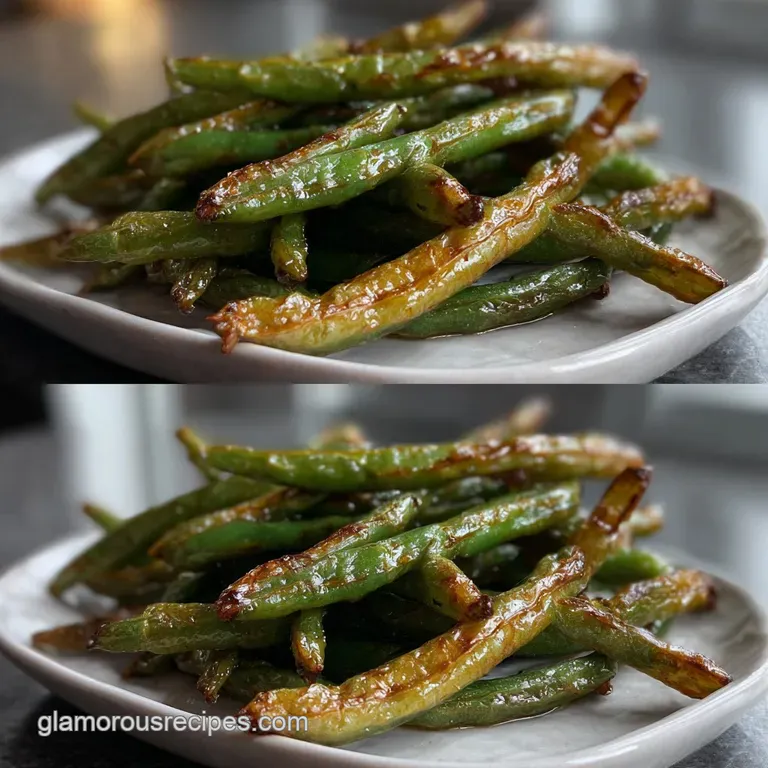 Bright green beans artfully arranged on a white plate, sprinkled with flaky sea salt. Crispy edges meet a tender, vibrant ...