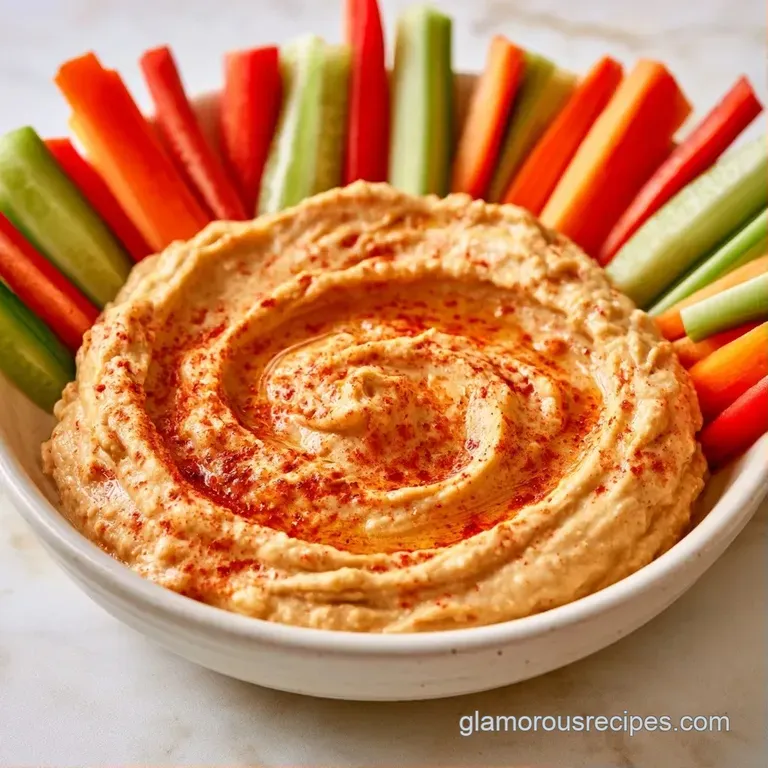 Artfully arranged platter of sliced raw vegetables encircling a swirl of olive oil-topped creamy chickpea dip.