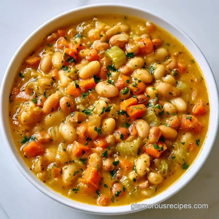 Rustic ceramic bowl of thick bean stew topped with fresh parsley, served with toasted crusty sourdough bread.