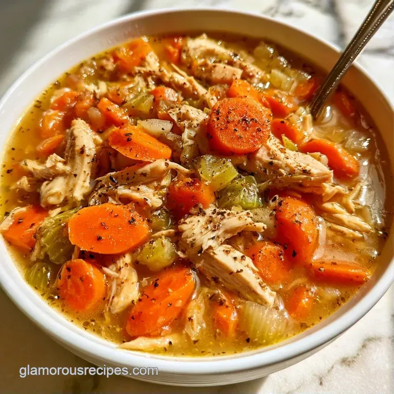 Elegant white bowl of golden broth with diced vegetables and tender poultry, paired with a slice of toasted sourdough.