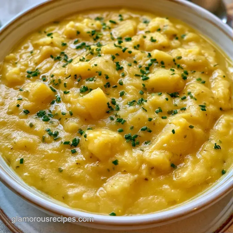 A steaming bowl of velvety white soup on a rustic tray with toasted garlic bread and a silver spoon on the side.