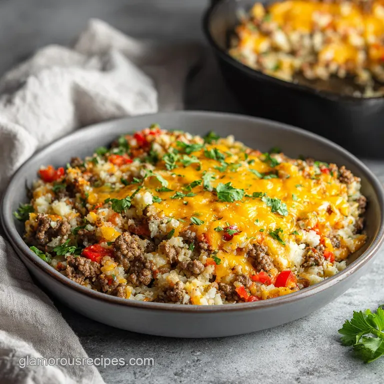 A generous scoop of cheesy ground beef and cauliflower mixture, topped with fresh parsley, on a white ceramic plate.