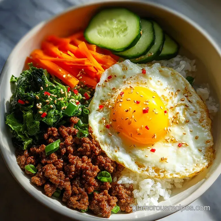 Glossy, glazed Korean ground beef artfully piled atop fluffy white rice, sprinkled with sesame seeds and vibrant green oni...